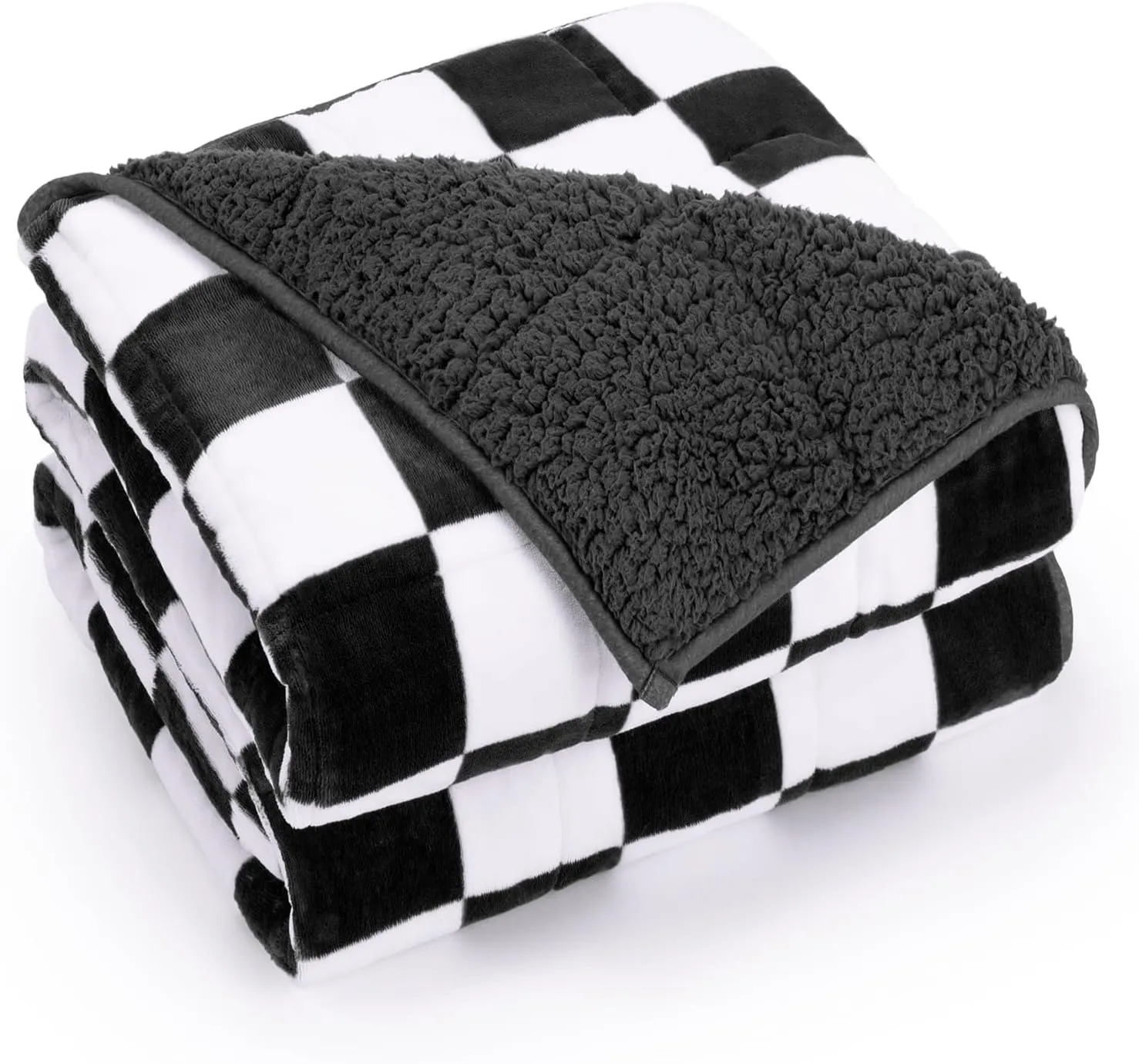 Weighted Blanket for Adults, 15lbs Sherpa Flannel Weighted Blanket Full Size, Soft Fluffy Fleece Checkerboard Weighted Blankets for Calming and Relax, Plaid Black, 48" x 72"