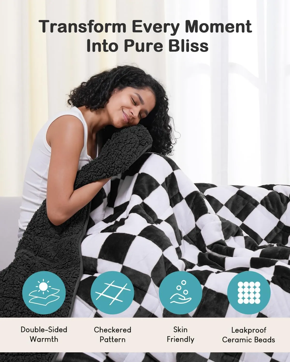 Weighted Blanket for Adults, 15lbs Sherpa Flannel Weighted Blanket Full Size, Soft Fluffy Fleece Checkerboard Weighted Blankets for Calming and Relax, Plaid Black, 48" x 72"