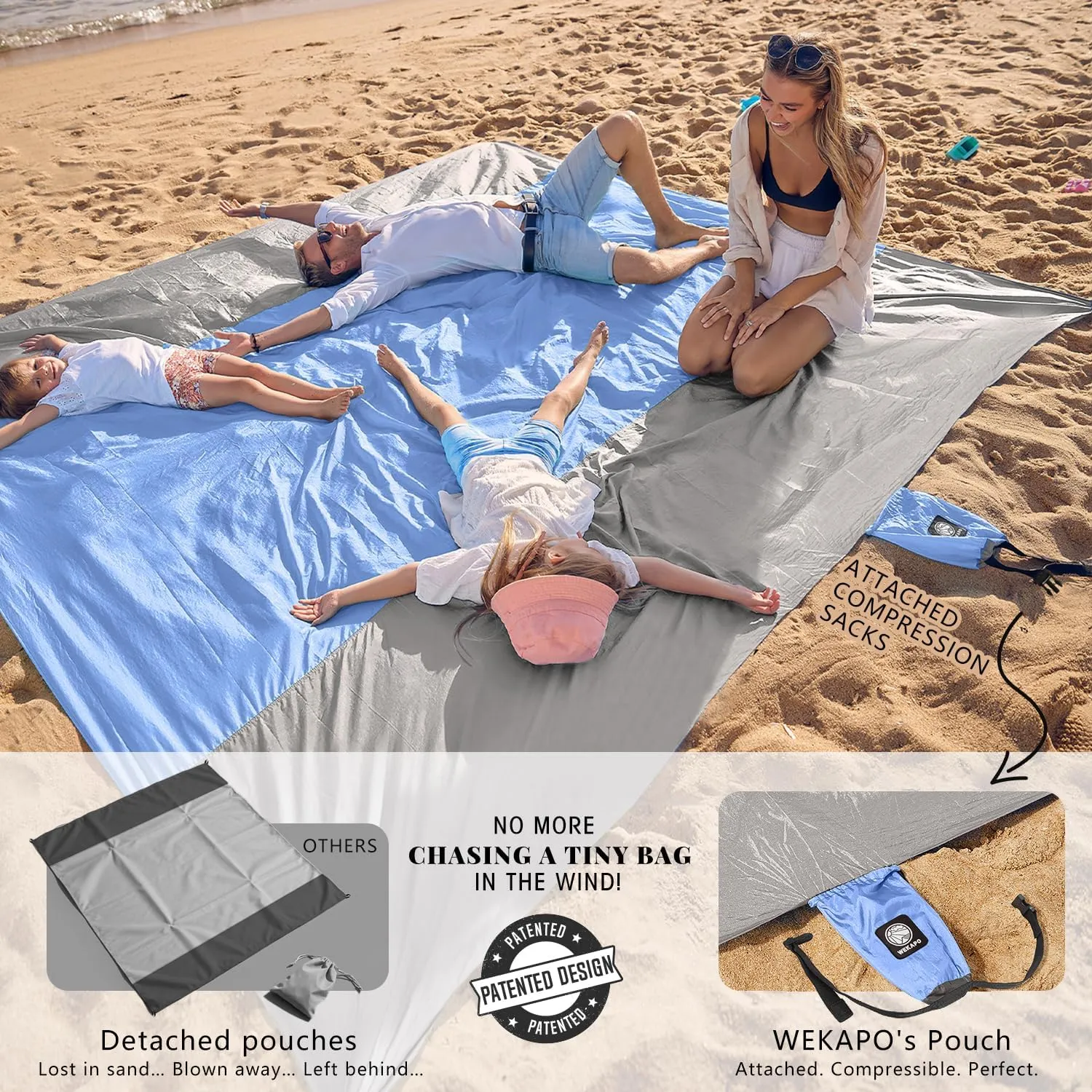 WEKAPO Beach Blanket Sandproof Waterproof, Extra Large Beach Mat, Oversized & Compact Sand Free Mat Quick Drying, Lightweight & Durable with 6 Stakes & 4 Corner Pockets