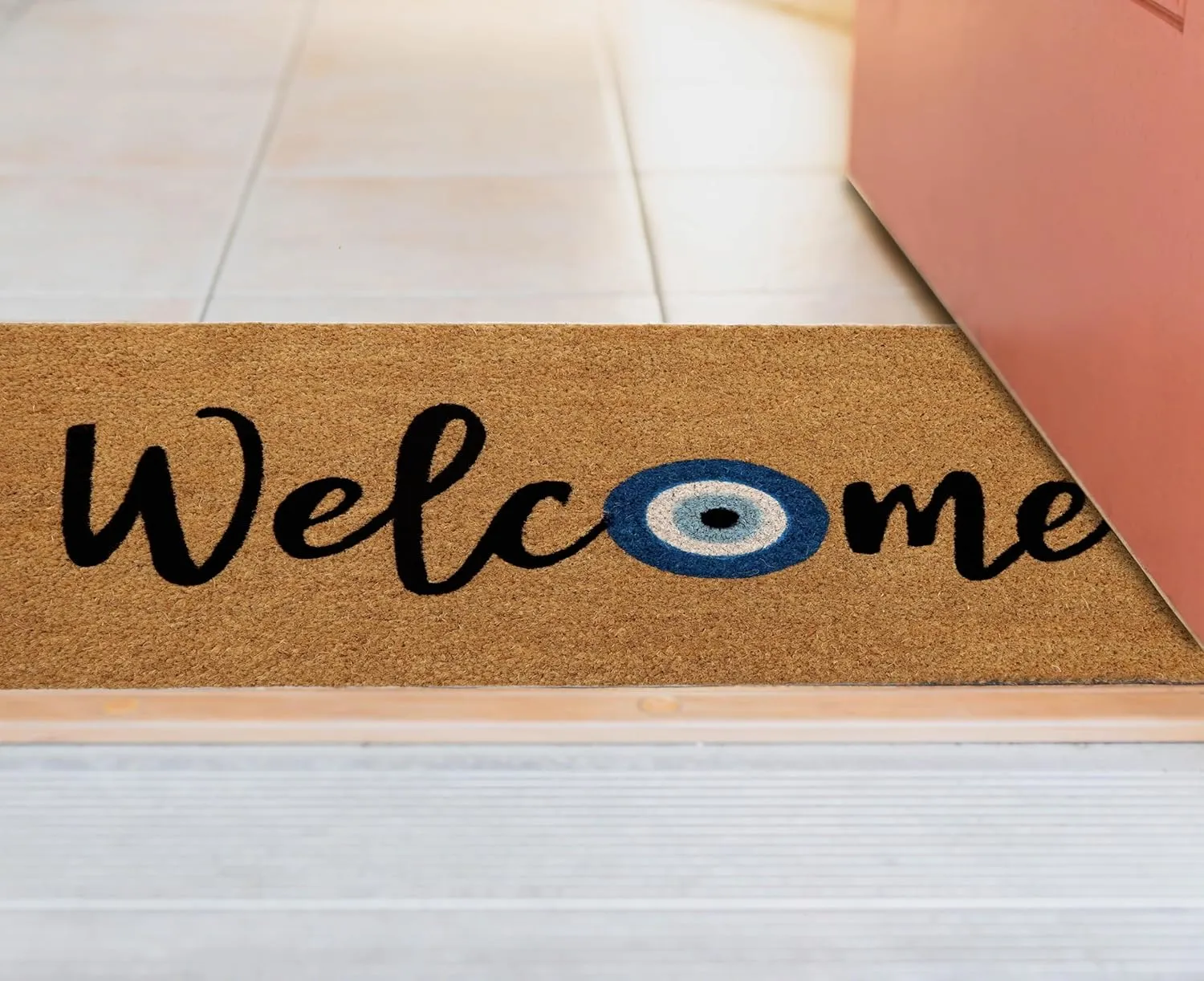 Welcome Doormat - Non Slip Dirt Trapping Evil Eye Coco Coir Door Mat - Low Profile Front Doormat - Indoor Outdoor Durable Easy Clean High Traffic Area Patio Entryway Door Mat - 17x30 inches