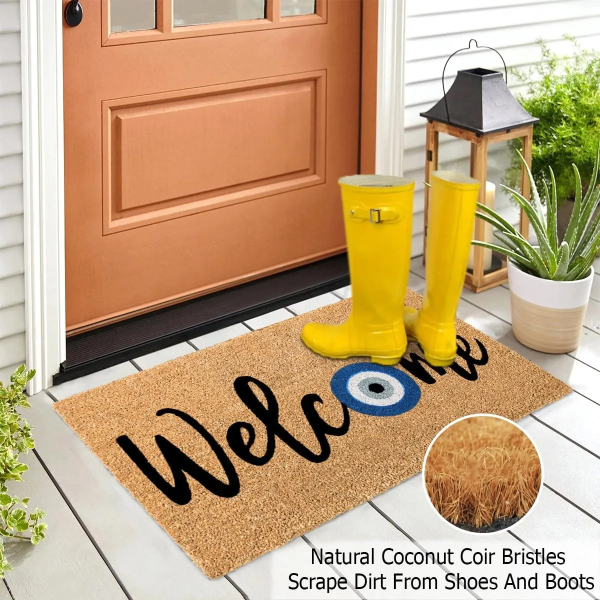 Welcome Doormat - Non Slip Dirt Trapping Evil Eye Coco Coir Door Mat - Low Profile Front Doormat - Indoor Outdoor Durable Easy Clean High Traffic Area Patio Entryway Door Mat - 17x30 inches