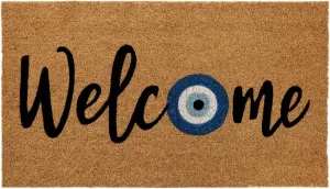 Welcome Doormat - Non Slip Dirt Trapping Evil Eye Coco Coir Door Mat - Low Profile Front Doormat - Indoor Outdoor Durable Easy Clean High Traffic Area Patio Entryway Door Mat - 17x30 inches