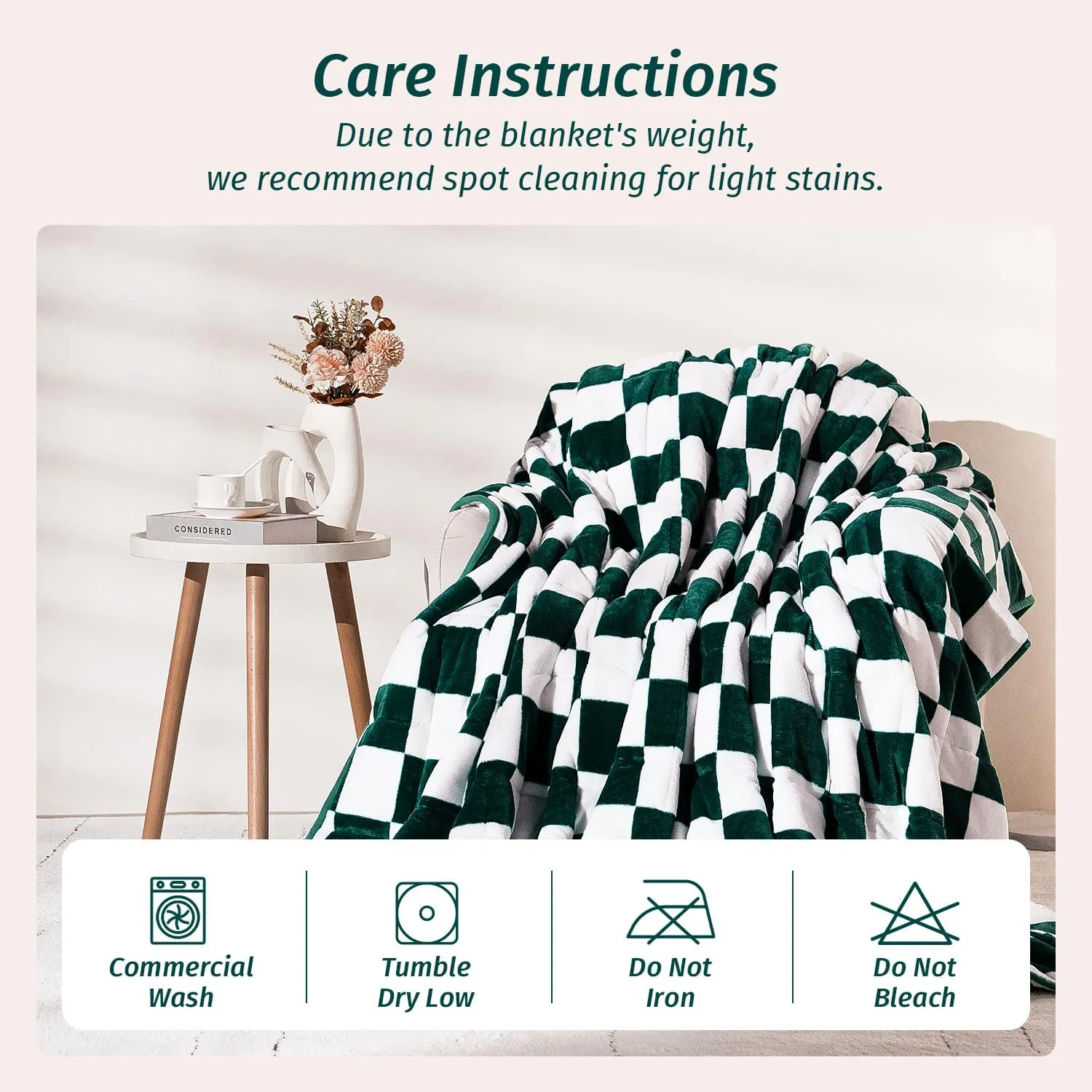 Wemore Flannel Fleece Weighted Blanket for Adult Twin Size 15 lbs, Dual Sided Luxurious Checkerboard Grid Heavy Blankets, Ultra Soft Throw Blanket, Plaid Green, 48 x 72 inches