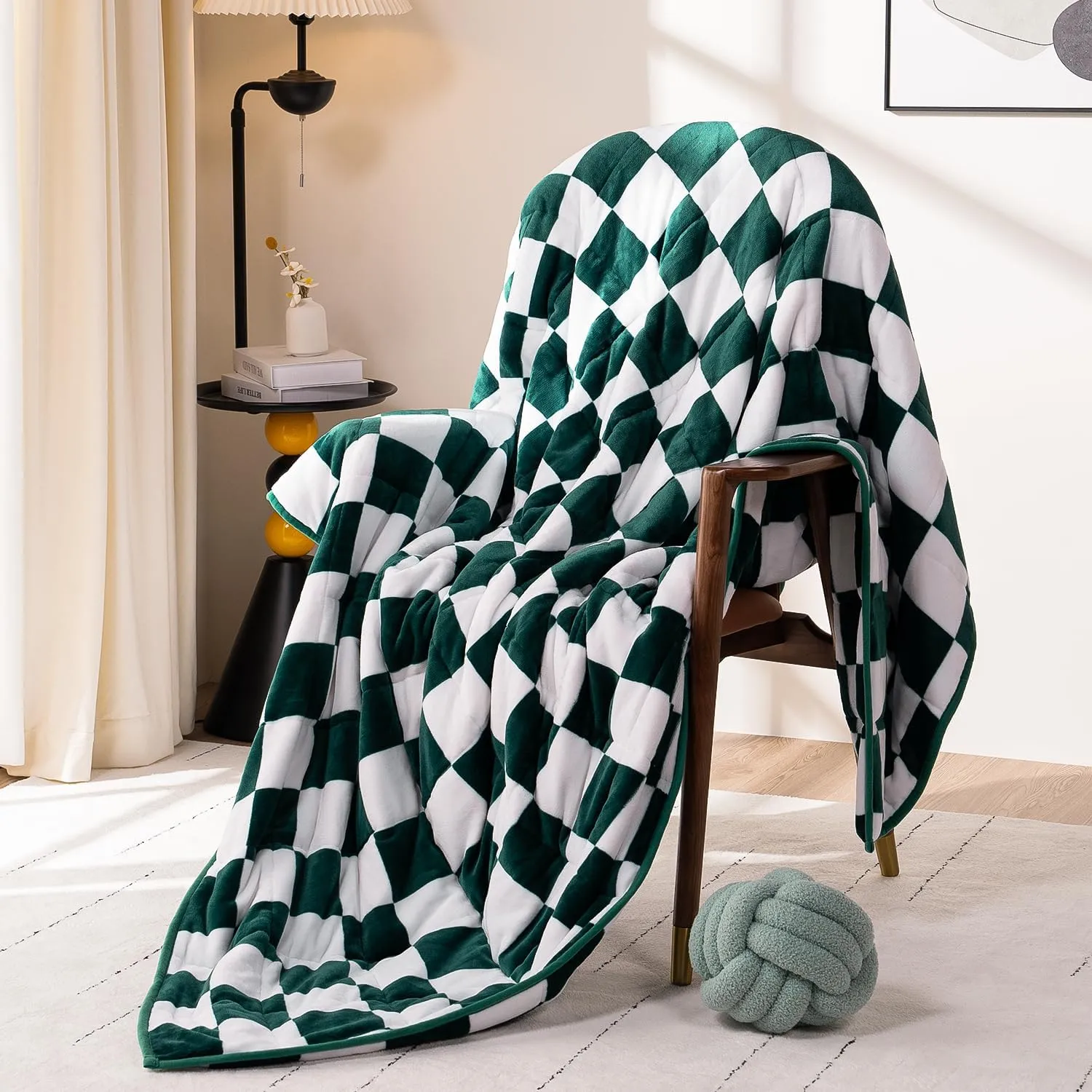 Wemore Flannel Fleece Weighted Blanket for Adult Twin Size 15 lbs, Dual Sided Luxurious Checkerboard Grid Heavy Blankets, Ultra Soft Throw Blanket, Plaid Green, 48 x 72 inches