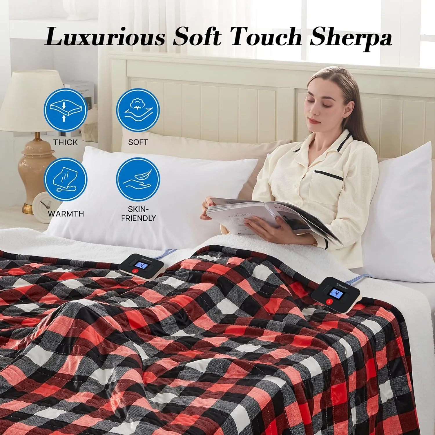 Westinghouse King Size Heated Blanket, Soft Flannel to Sherpa Electric Blanket with Dual Control 10 Heating Levels & 1 to 12 Hours Auto Off, Fast Heating, Machine Washable, 100 * 90 Inch, Red