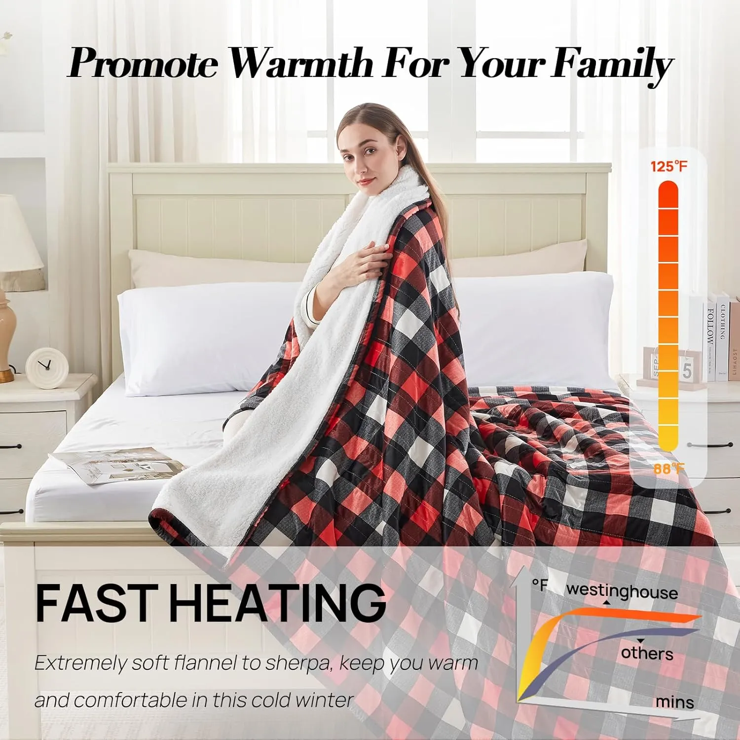 Westinghouse King Size Heated Blanket, Soft Flannel to Sherpa Electric Blanket with Dual Control 10 Heating Levels & 1 to 12 Hours Auto Off, Fast Heating, Machine Washable, 100 * 90 Inch, Red