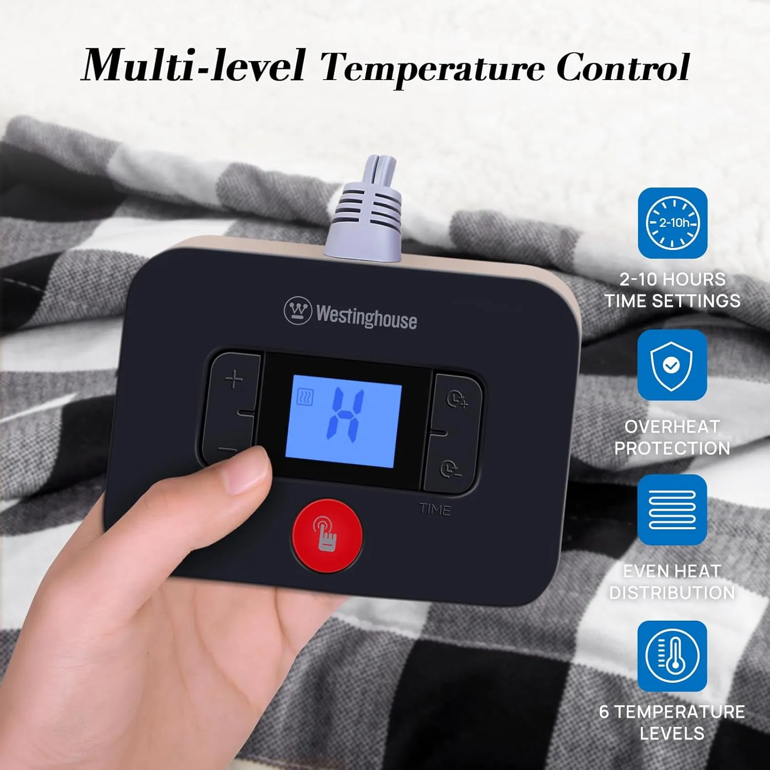Westinghouse Twin Size Electric Blanket, Soft Flannel to Sherpa Heated Blanket with 10 Heating Levels & 1 to 12 Hours Heating Time Settings, Fast Heating Blanket, Black Plaid, 62x84 Inches