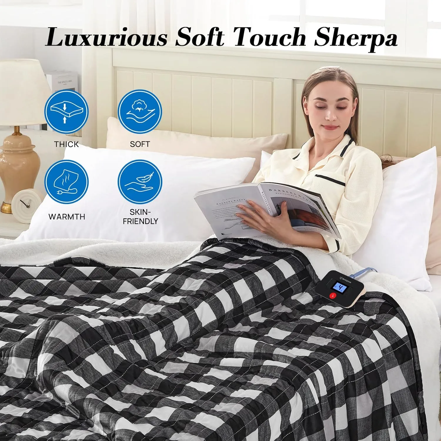 Westinghouse Twin Size Electric Blanket, Soft Flannel to Sherpa Heated Blanket with 10 Heating Levels & 1 to 12 Hours Heating Time Settings, Fast Heating Blanket, Black Plaid, 62x84 Inches