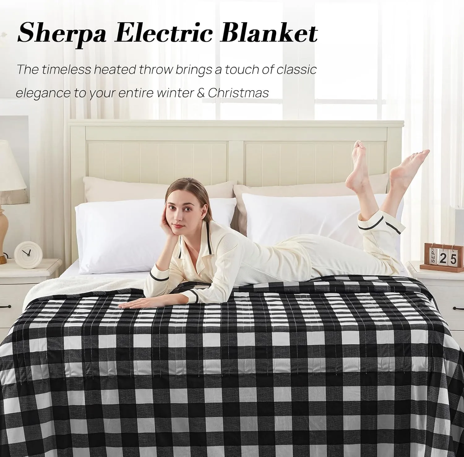 Westinghouse Twin Size Electric Blanket, Soft Flannel to Sherpa Heated Blanket with 10 Heating Levels & 1 to 12 Hours Heating Time Settings, Fast Heating Blanket, Black Plaid, 62x84 Inches