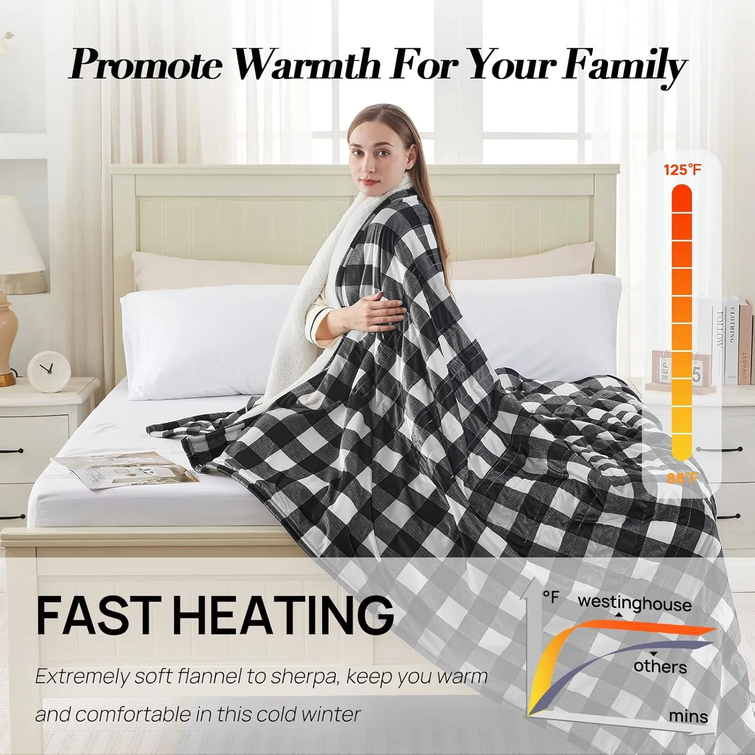 Westinghouse Twin Size Electric Blanket, Soft Flannel to Sherpa Heated Blanket with 10 Heating Levels & 1 to 12 Hours Heating Time Settings, Fast Heating Blanket, Black Plaid, 62x84 Inches