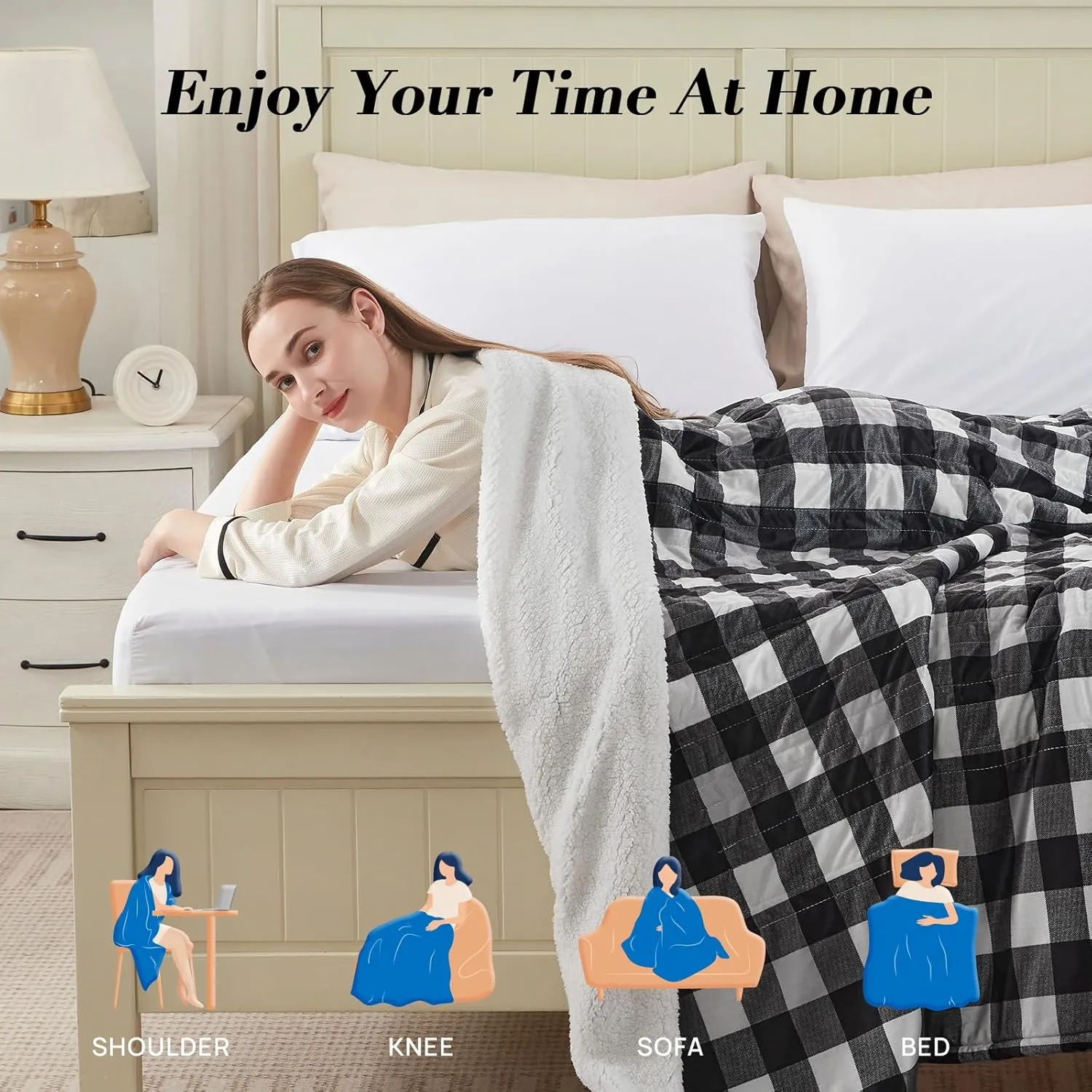 Westinghouse Twin Size Electric Blanket, Soft Flannel to Sherpa Heated Blanket with 10 Heating Levels & 1 to 12 Hours Heating Time Settings, Fast Heating Blanket, Black Plaid, 62x84 Inches