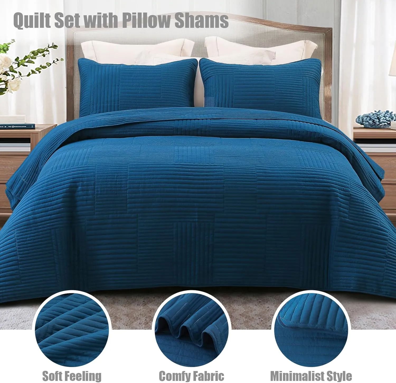 Whale Flotilla Ultra Soft Queen Quilt Bedding Set, Lightweight Microfiber Blue Quilts Bedspreads Full Size, 3 Piece Ultrasonic Geometric Coverlet Bed Cover for All Seasons