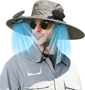 Wide Brim Bucket Hat with 2 Solar Fans Solar & USB Powered Outdoor Fishing Cooling Fan Hats UPF 50  Sun Protection