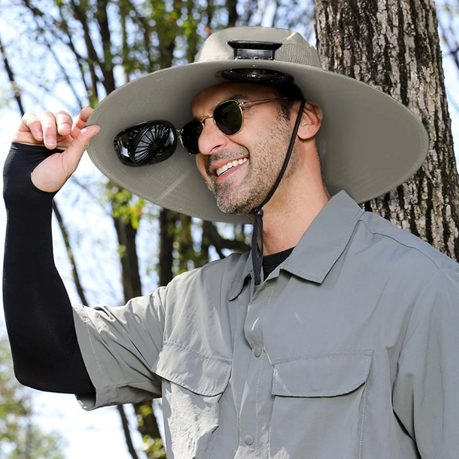 Wide Brim Bucket Hat with 2 Solar Fans Solar & USB Powered Outdoor Fishing Cooling Fan Hats UPF 50  Sun Protection
