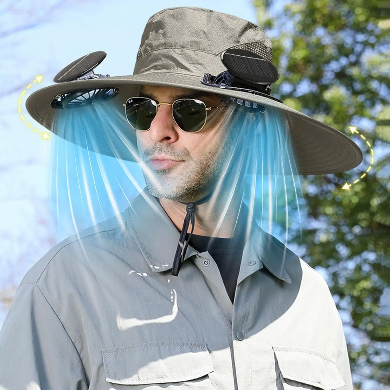 Wide Brim Bucket Hat with 2 Solar Fans Solar & USB Powered Outdoor Fishing Cooling Fan Hats UPF 50  Sun Protection