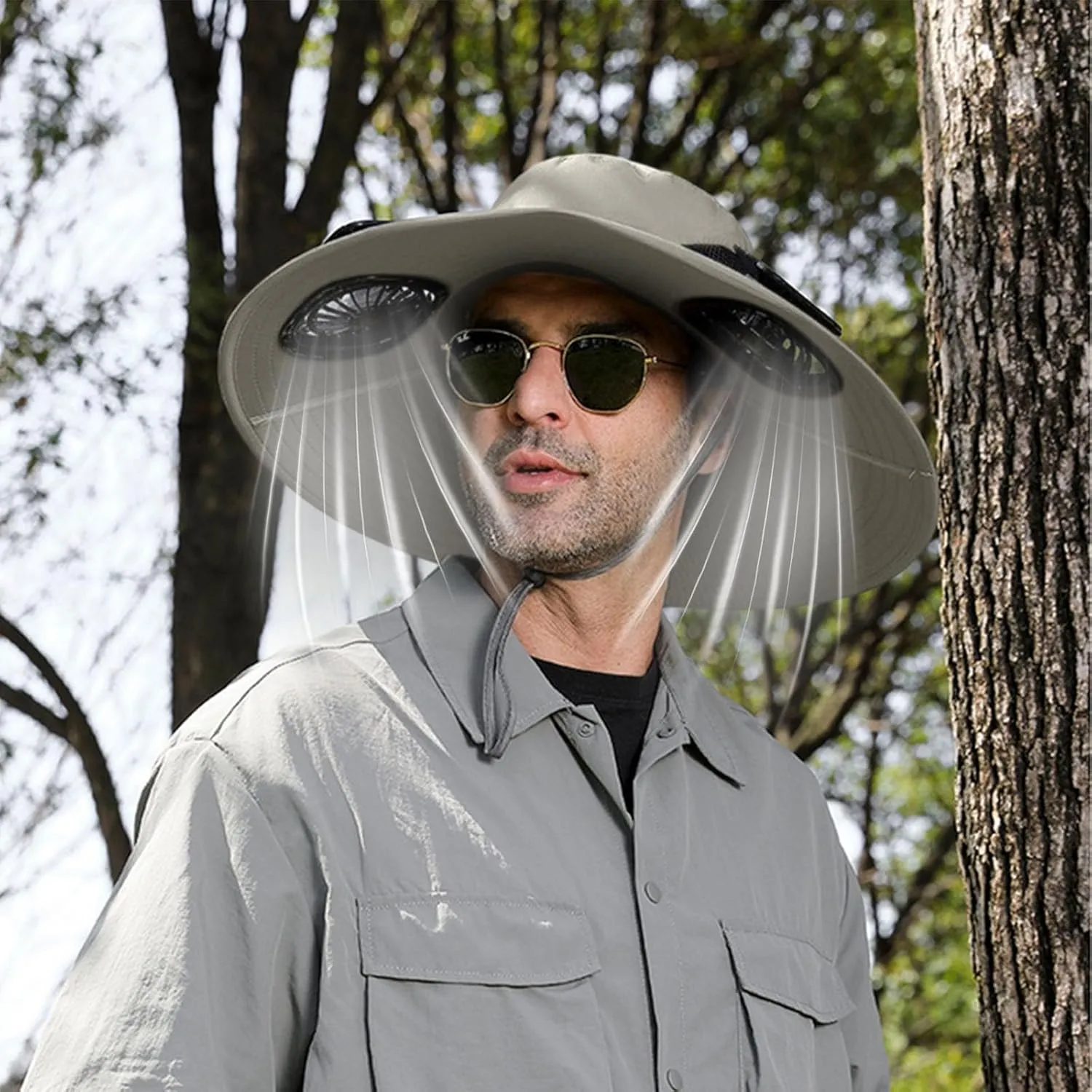 Wide Brim Bucket Hat with 2 Solar Fans Solar & USB Powered Outdoor Fishing Cooling Fan Hats UPF 50  Sun Protection