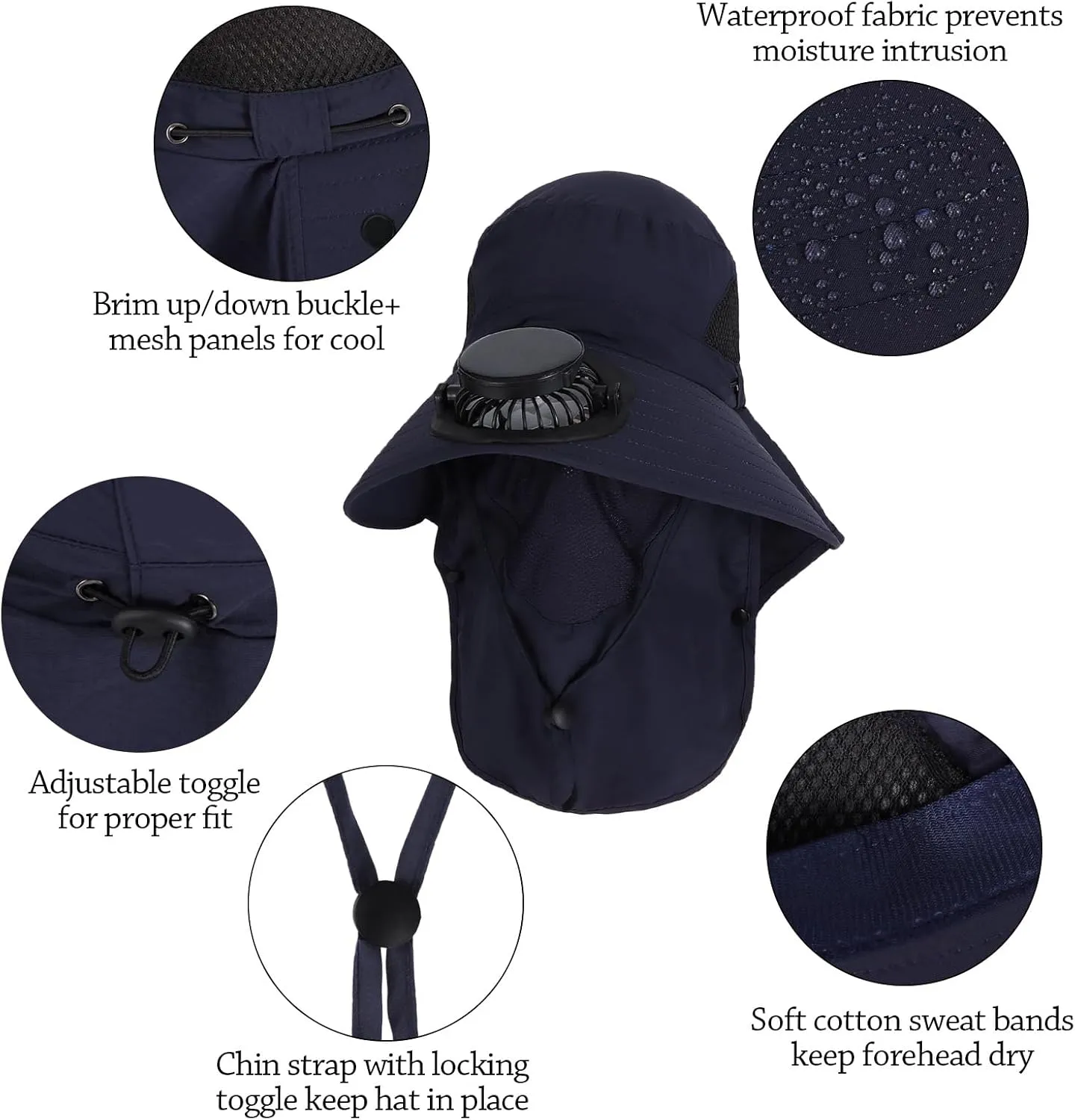 Wide Brim Solar Fan Outdoor Fishing Hat with Solar Fan UPF 50  Sun Bucket Hat Waterproof Breathable Fishing Hat Bucket Hat