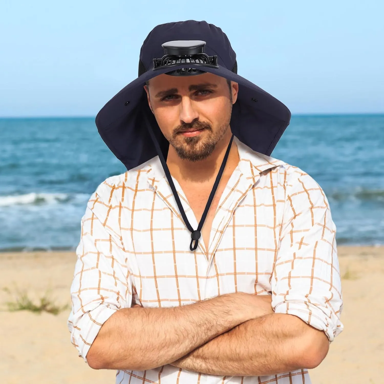 Wide Brim Solar Fan Outdoor Fishing Hat with Solar Fan UPF 50  Sun Bucket Hat Waterproof Breathable Fishing Hat Bucket Hat