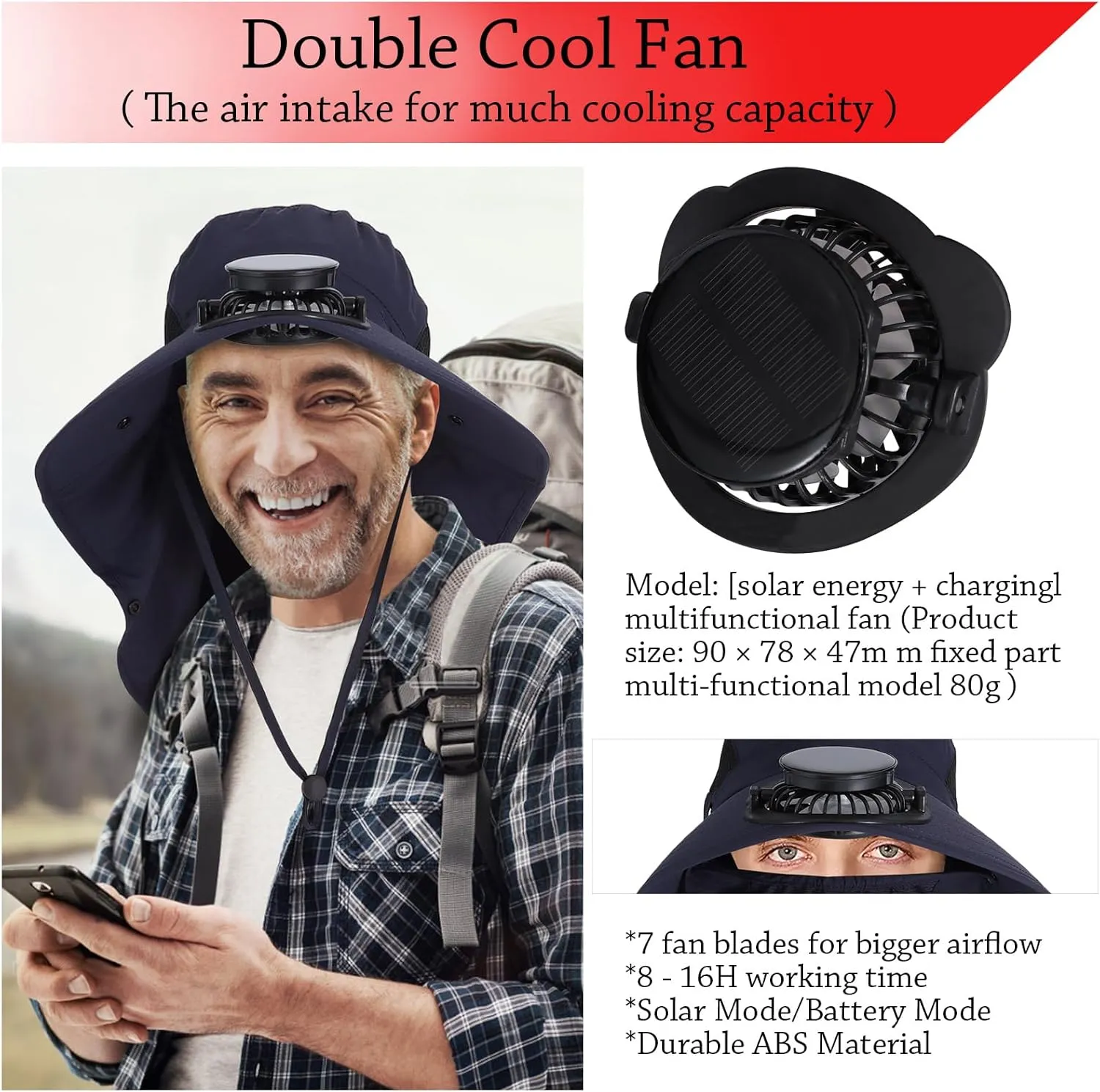 Wide Brim Solar Fan Outdoor Fishing Hat with Solar Fan UPF 50  Sun Bucket Hat Waterproof Breathable Fishing Hat Bucket Hat