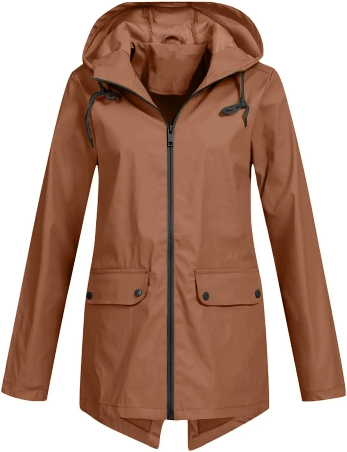 Windproof Jacket for Women Long Sleeve Raincoat Full Zip Up Button Hooded Plain Windbreaker with Pocket Rain Coat Zipper with