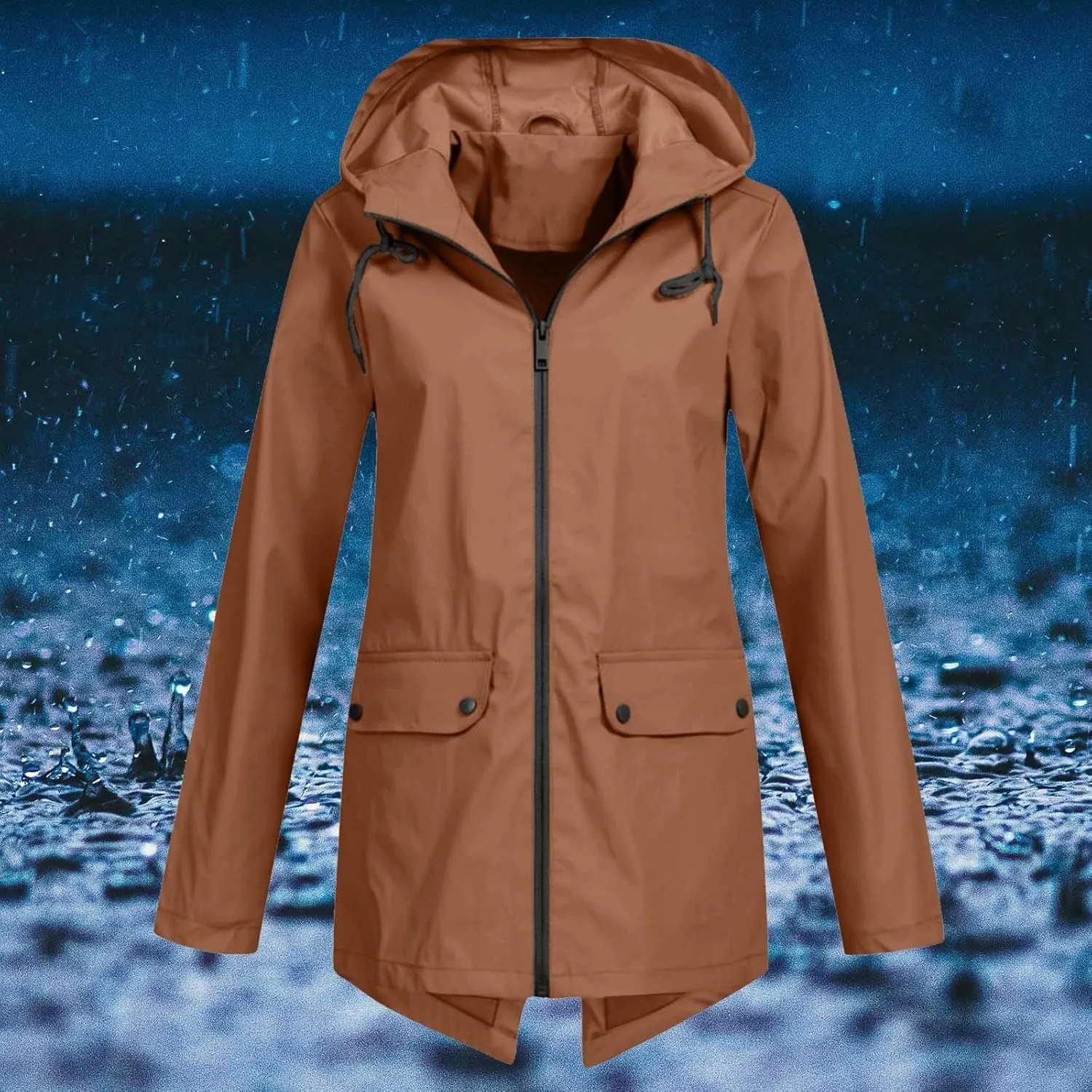 Windproof Jacket for Women Long Sleeve Raincoat Full Zip Up Button Hooded Plain Windbreaker with Pocket Rain Coat Zipper with