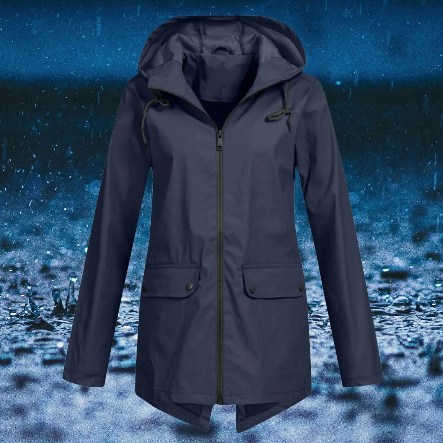Windproof Jacket for Women Long Sleeve Raincoat Full Zip Up Button Hooded Plain Windbreaker with Pocket Rain Coat Zipper with