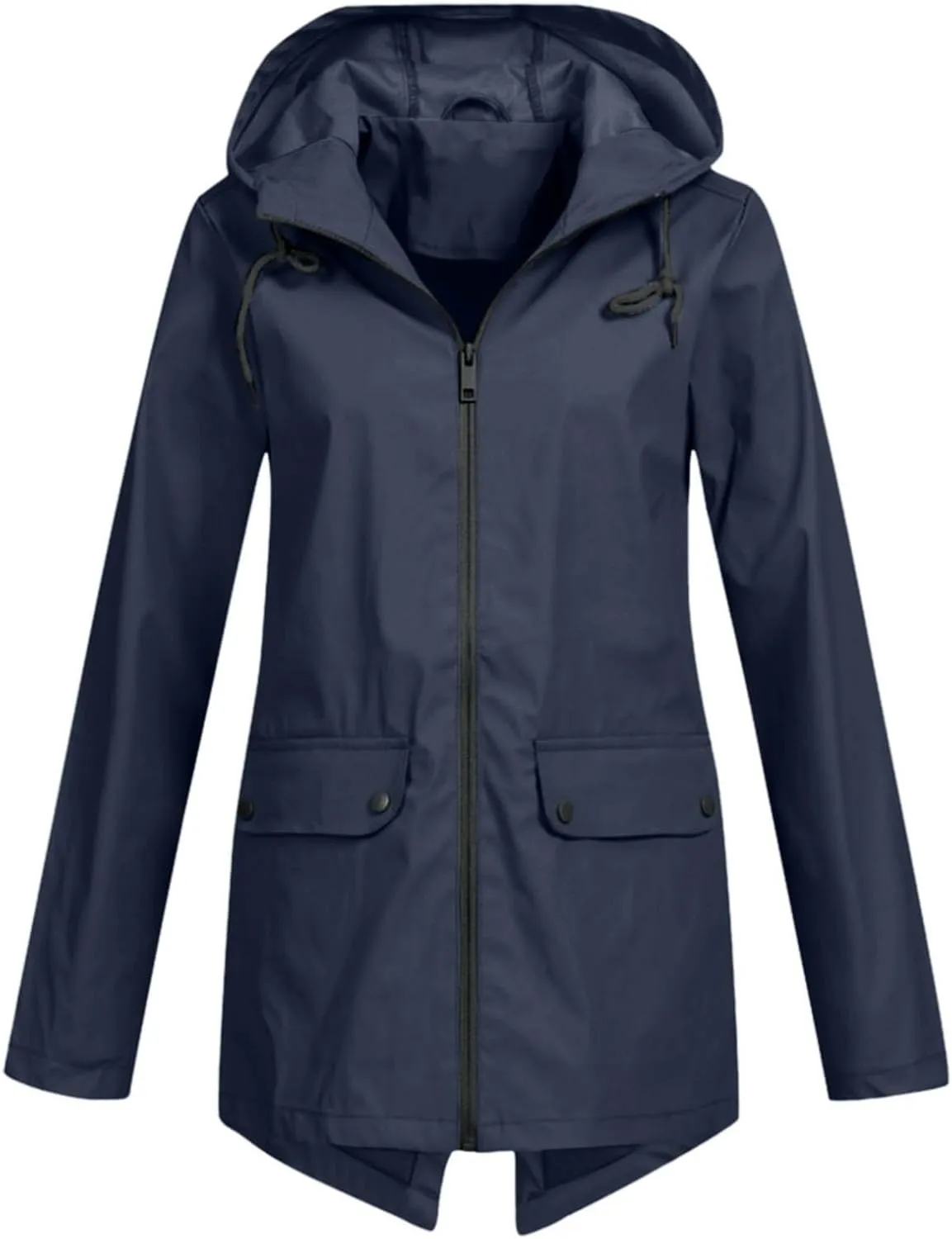 Windproof Jacket for Women Long Sleeve Raincoat Full Zip Up Button Hooded Plain Windbreaker with Pocket Rain Coat Zipper with