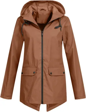 Windproof Jacket for Women Long Sleeve Raincoat Full Zip Up Button Hooded Plain Windbreaker with Pocket Rain Coat Zipper with