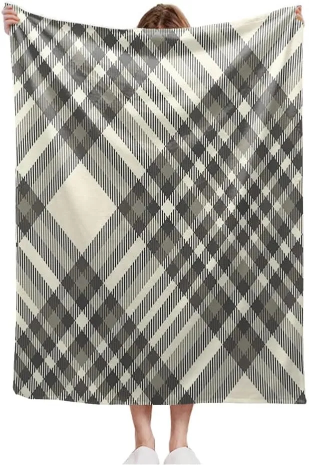 Winter Flannel Throw Blanket for Women Stripe Plaid Print Check Pattern Classic Gingham Grey Taupe Pale Mens Trend in Textures Scottish Blanket for Couch, Plush Cozy Reversible Bed Blanket 60x80