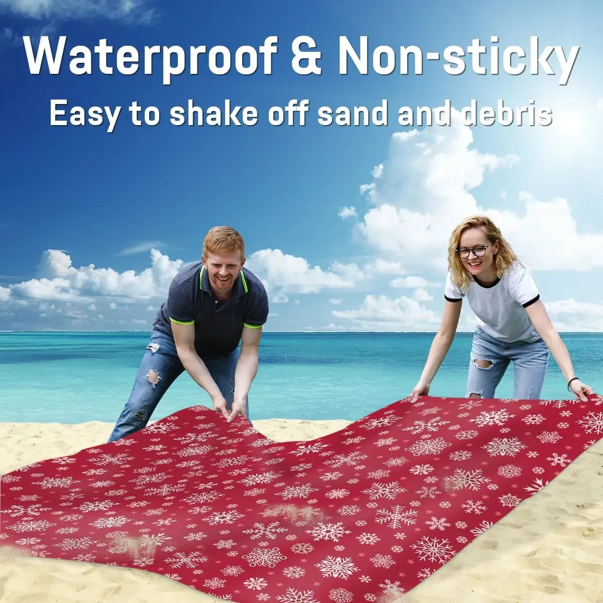 Winter Snowflake Beach Blanket, Sandproof Beach Mat, 68 x 59 Waterproof Quick Drying Sand Free Mat with 4 x Ground Spikes for Outdoor Travel Camping Hiking, Christmas