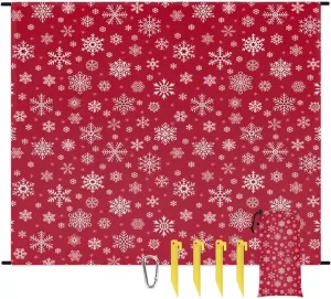 Winter Snowflake Beach Blanket, Sandproof Beach Mat, 68 x 59 Waterproof Quick Drying Sand Free Mat with 4 x Ground Spikes for Outdoor Travel Camping Hiking, Christmas