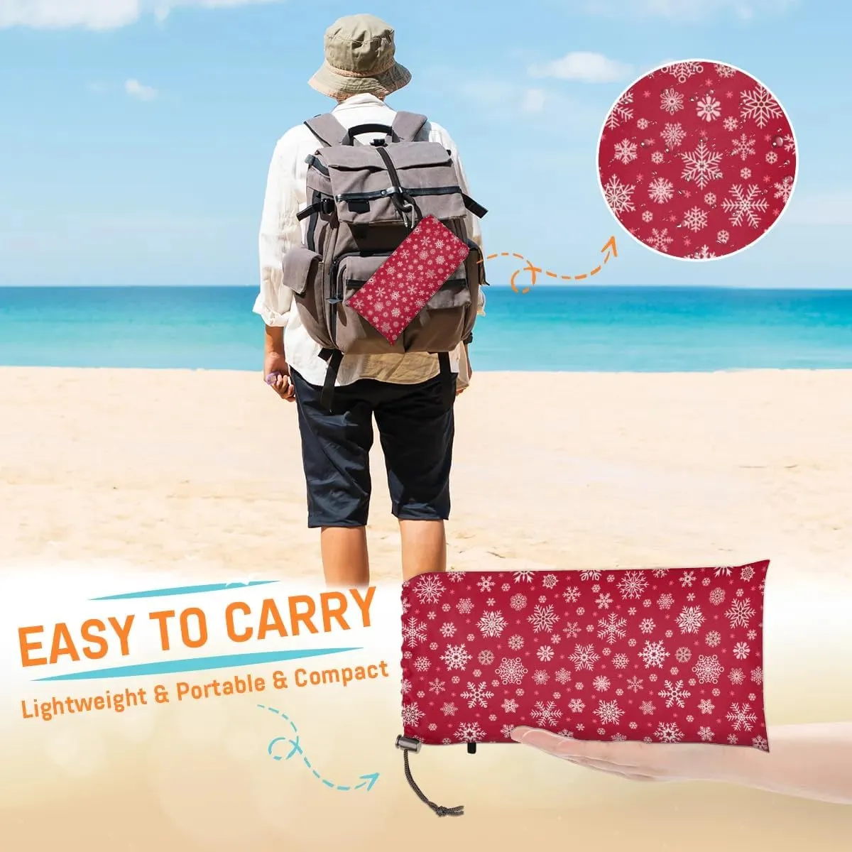 Winter Snowflake Beach Blanket, Sandproof Beach Mat, 68 x 59 Waterproof Quick Drying Sand Free Mat with 4 x Ground Spikes for Outdoor Travel Camping Hiking, Christmas