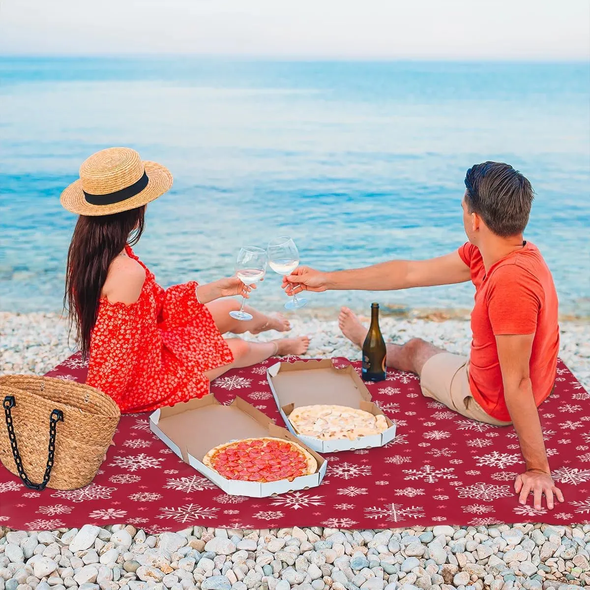 Winter Snowflake Beach Blanket, Sandproof Beach Mat, 68 x 59 Waterproof Quick Drying Sand Free Mat with 4 x Ground Spikes for Outdoor Travel Camping Hiking, Christmas