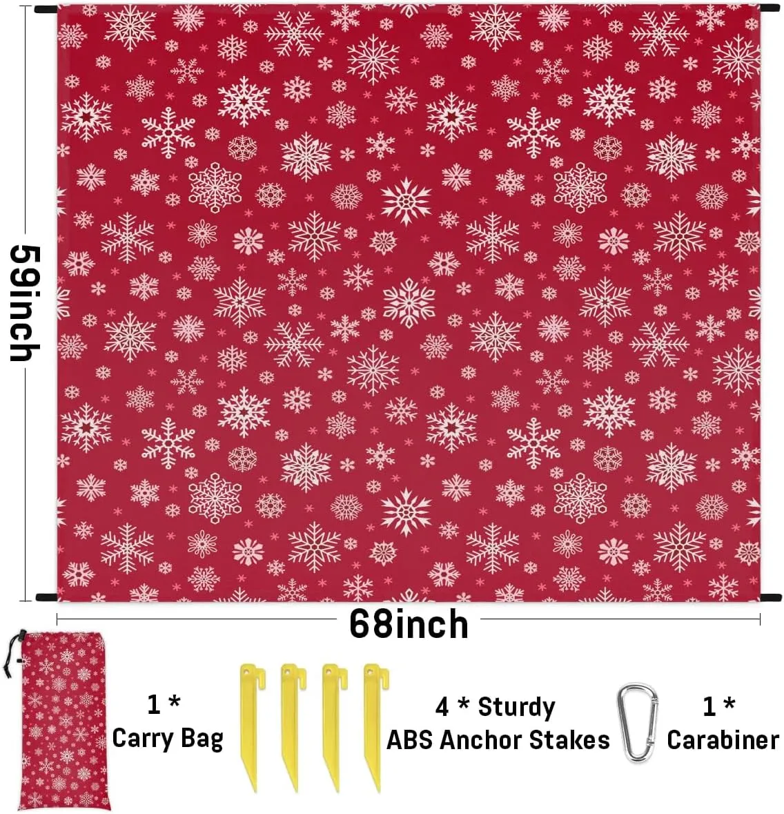 Winter Snowflake Beach Blanket, Sandproof Beach Mat, 68 x 59 Waterproof Quick Drying Sand Free Mat with 4 x Ground Spikes for Outdoor Travel Camping Hiking, Christmas