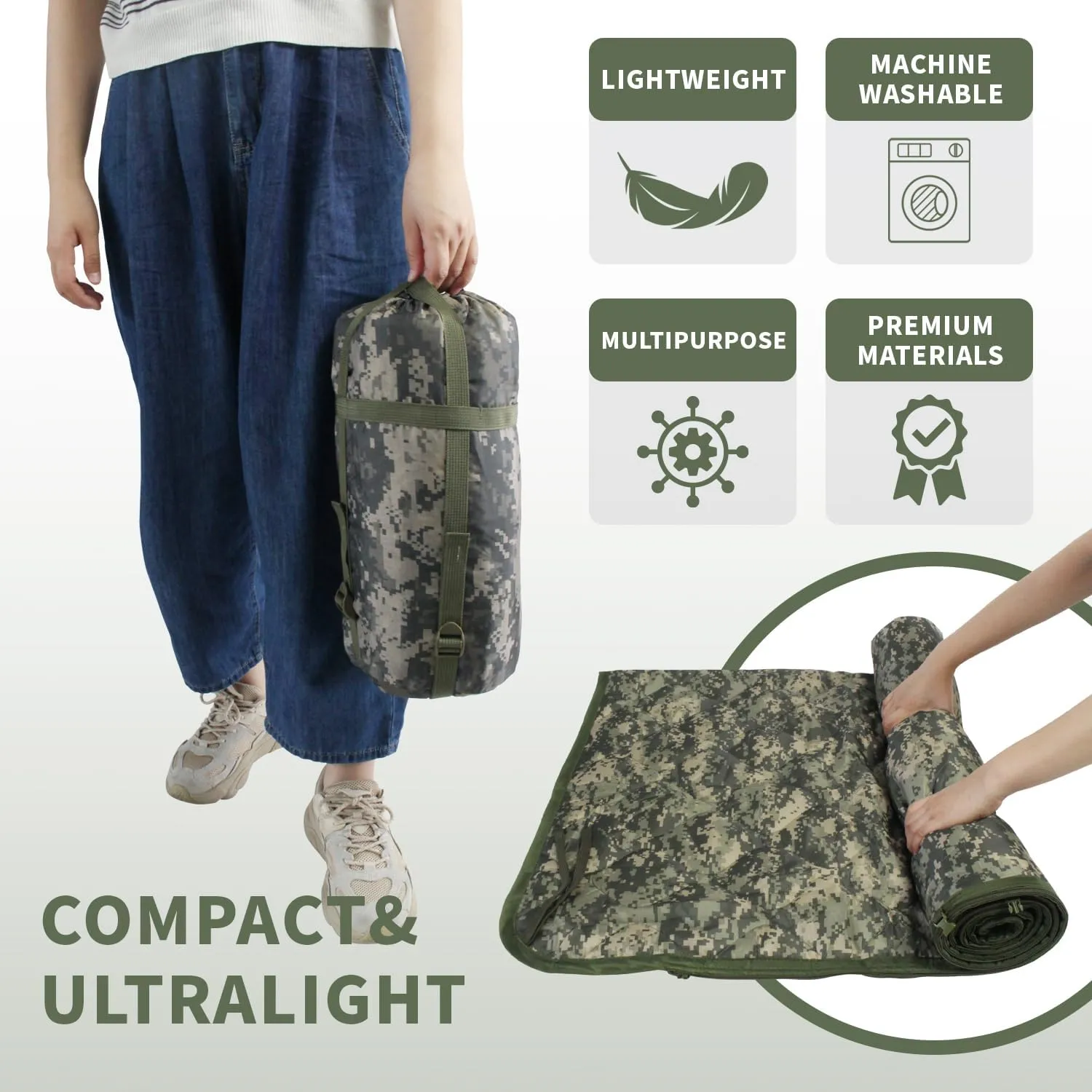 WINWAY Outdoor Down Camping Blanket Military Camping Sleeping Bag with Zipper,Packable Waterproof Lightweight Poncho Liner for Hiking,Travel, Stadium