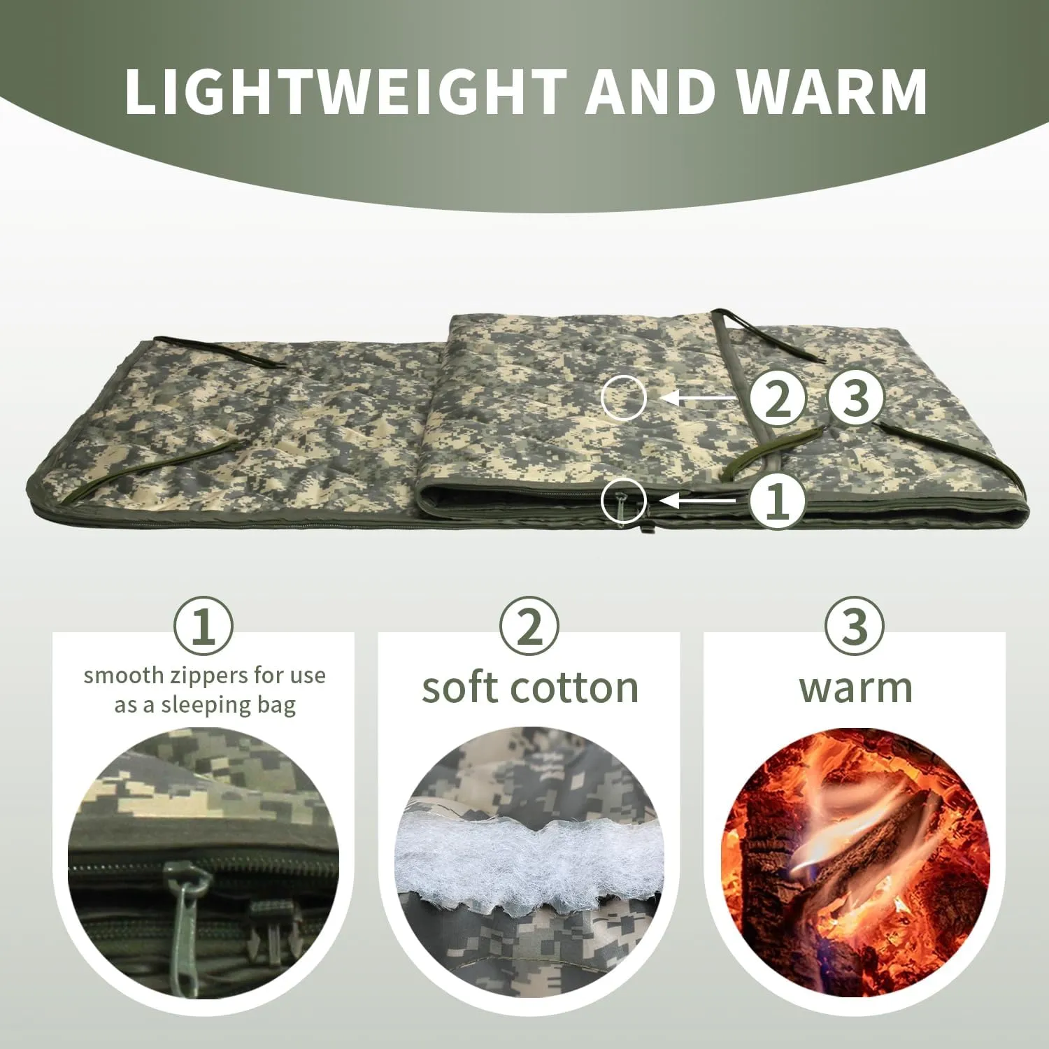 WINWAY Outdoor Down Camping Blanket Military Camping Sleeping Bag with Zipper,Packable Waterproof Lightweight Poncho Liner for Hiking,Travel, Stadium