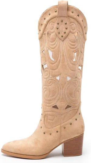 WIRALOMI Western Cowboy Boots for Women, Pointed Toe Mid Calf Cowgirl Boots with Hollow Floral and Rivet, Chunky High Heel Boots