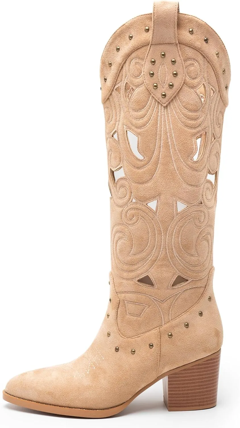 WIRALOMI Western Cowboy Boots for Women, Pointed Toe Mid Calf Cowgirl Boots with Hollow Floral and Rivet, Chunky High Heel Boots