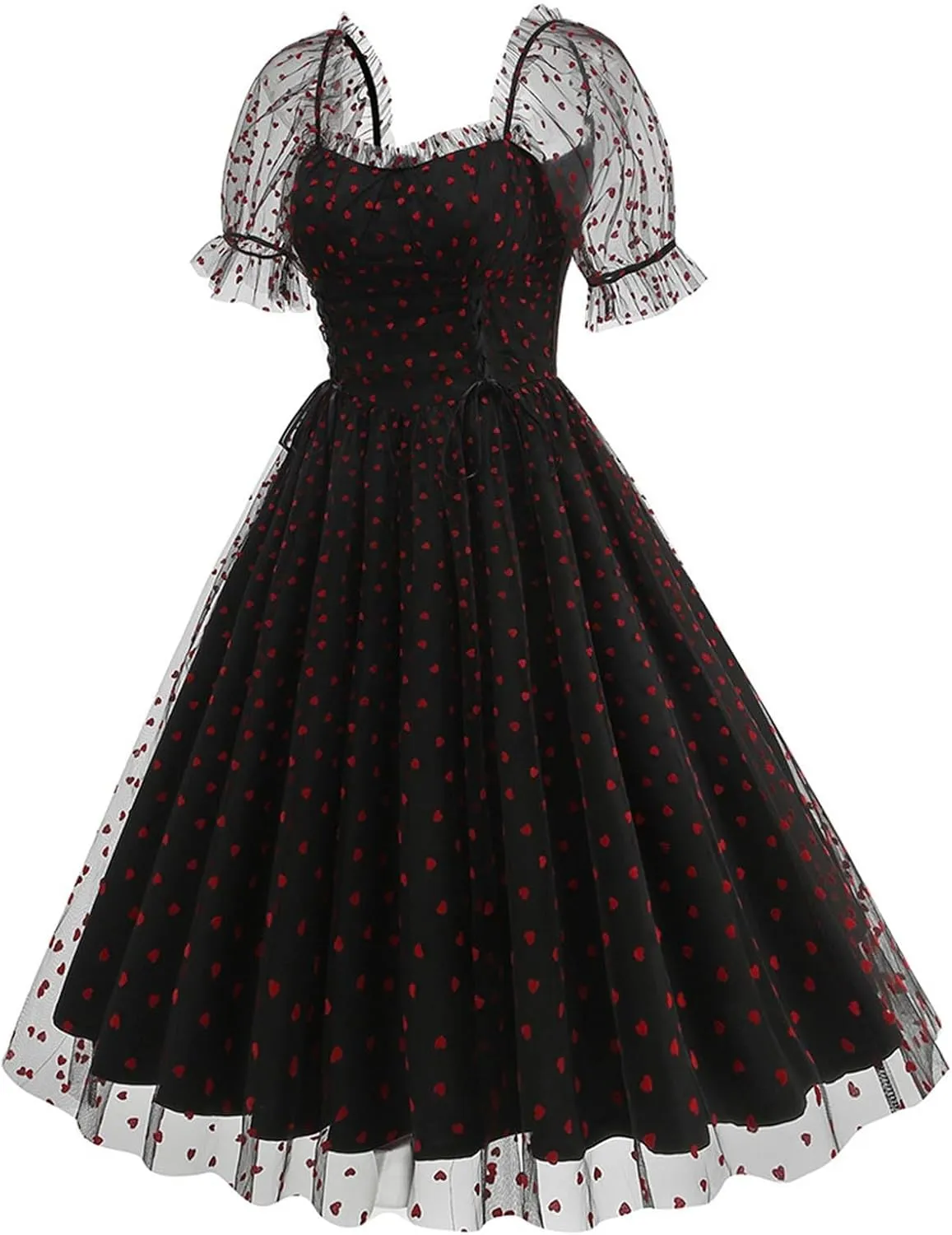 Women 1950s Vintage Puff Sleeve Heart Tulle Mesh Homecoming Swing Dress Lace Up Wedding Guest Cocktail Tea Party Dresses