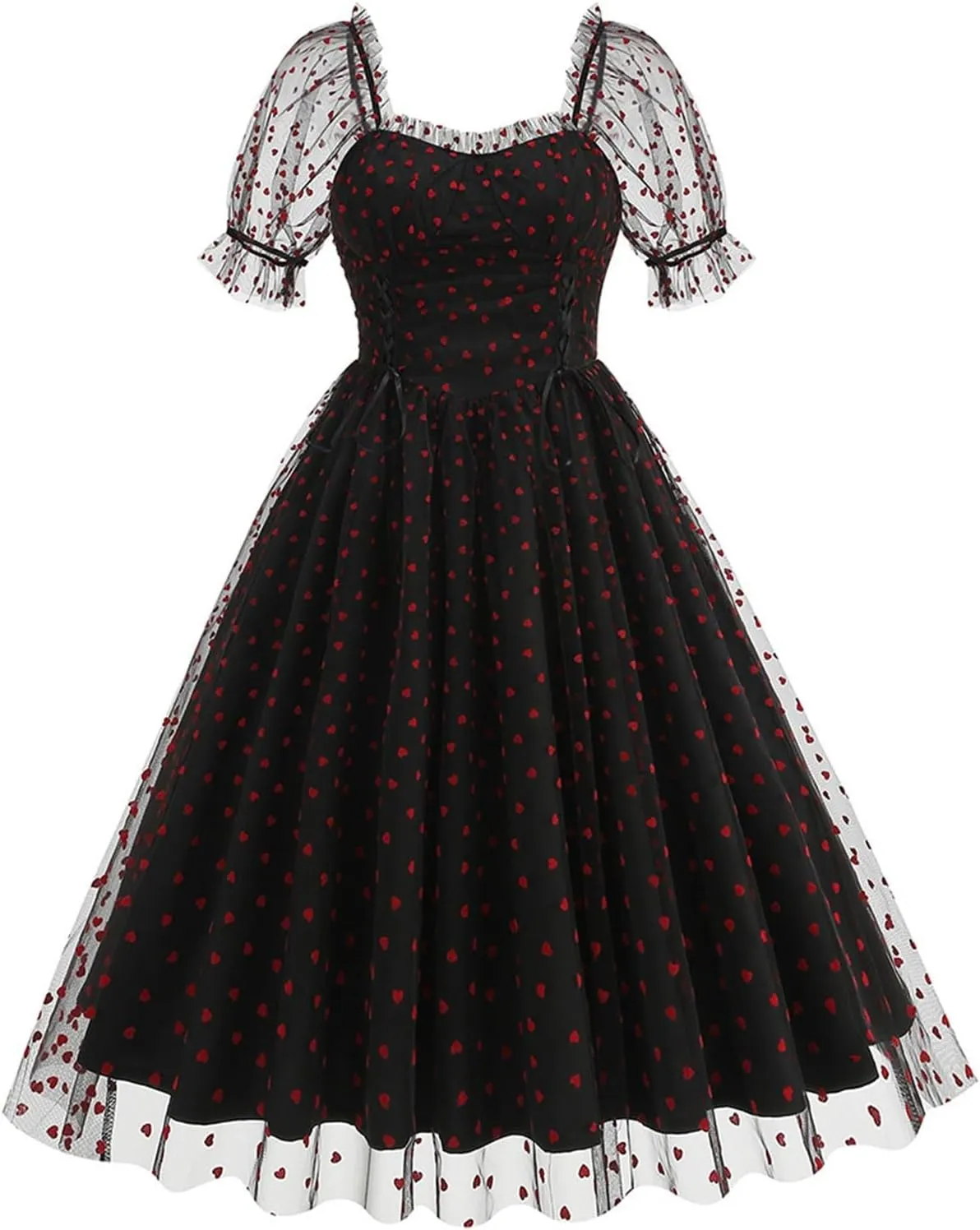 Women 1950s Vintage Puff Sleeve Heart Tulle Mesh Homecoming Swing Dress Lace Up Wedding Guest Cocktail Tea Party Dresses