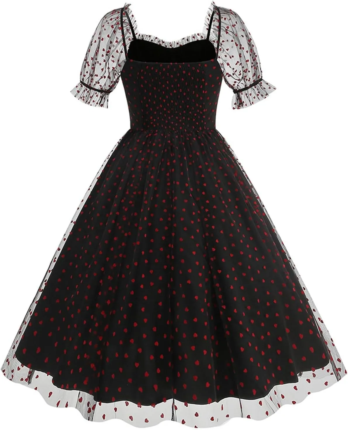 Women 1950s Vintage Puff Sleeve Heart Tulle Mesh Homecoming Swing Dress Lace Up Wedding Guest Cocktail Tea Party Dresses
