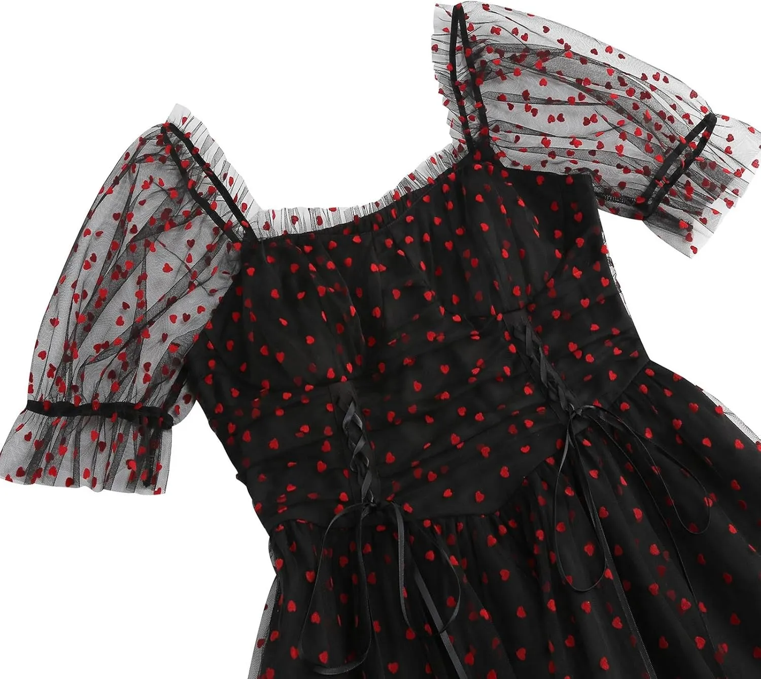 Women 1950s Vintage Puff Sleeve Heart Tulle Mesh Homecoming Swing Dress Lace Up Wedding Guest Cocktail Tea Party Dresses