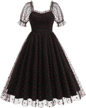 Women 1950s Vintage Puff Sleeve Heart Tulle Mesh Homecoming Swing Dress Lace Up Wedding Guest Cocktail Tea Party Dresses