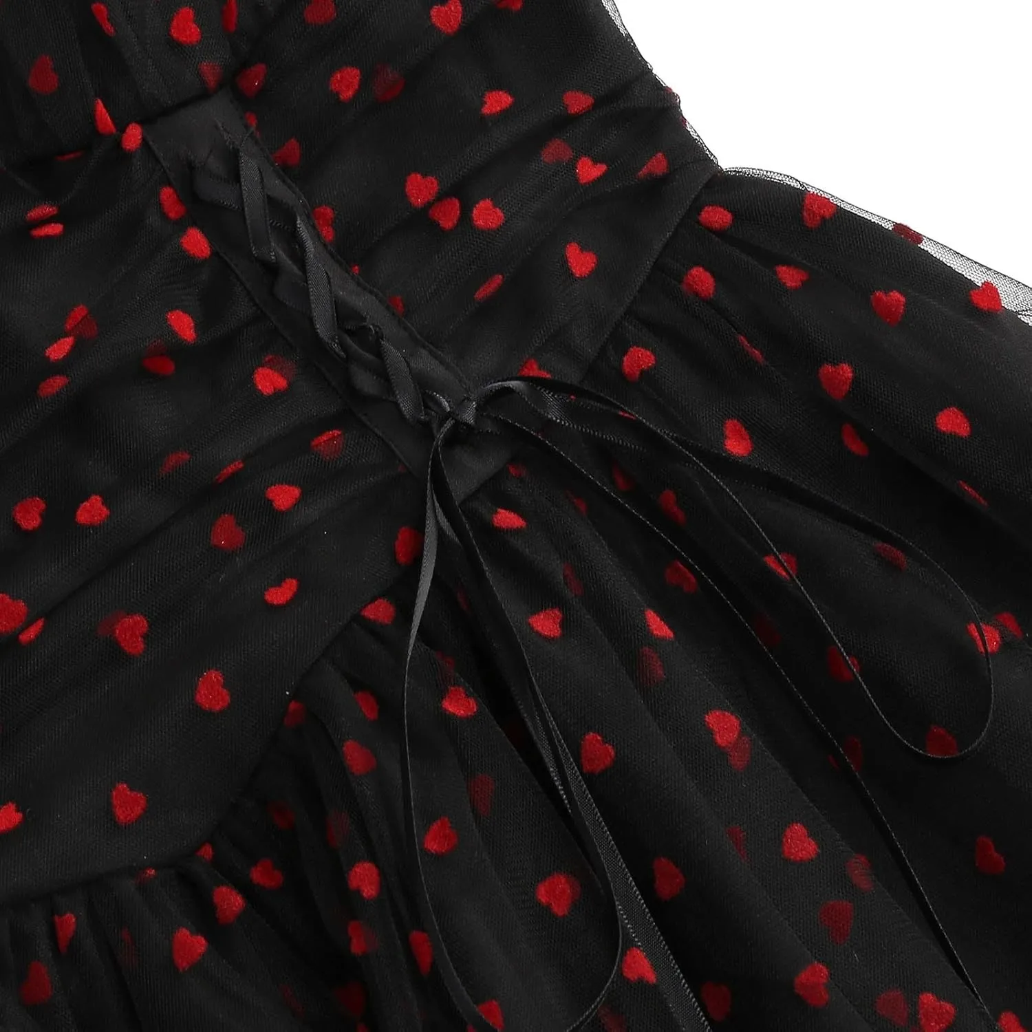 Women 1950s Vintage Puff Sleeve Heart Tulle Mesh Homecoming Swing Dress Lace Up Wedding Guest Cocktail Tea Party Dresses