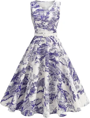Women 1950s Vintage Rockabilly Cocktail Swing Dress Pinup 50s Retro Hepburn V Neck Sleeveless Print A-Line Belted Dress