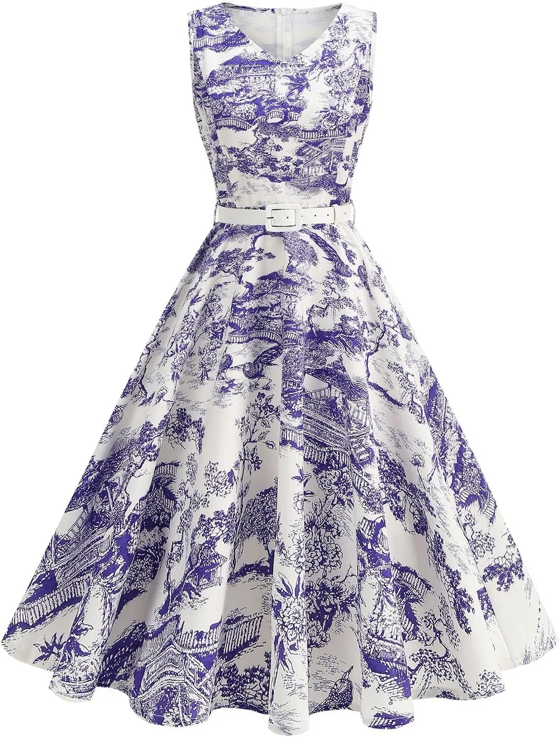 Women 1950s Vintage Rockabilly Cocktail Swing Dress Pinup 50s Retro Hepburn V Neck Sleeveless Print A-Line Belted Dress