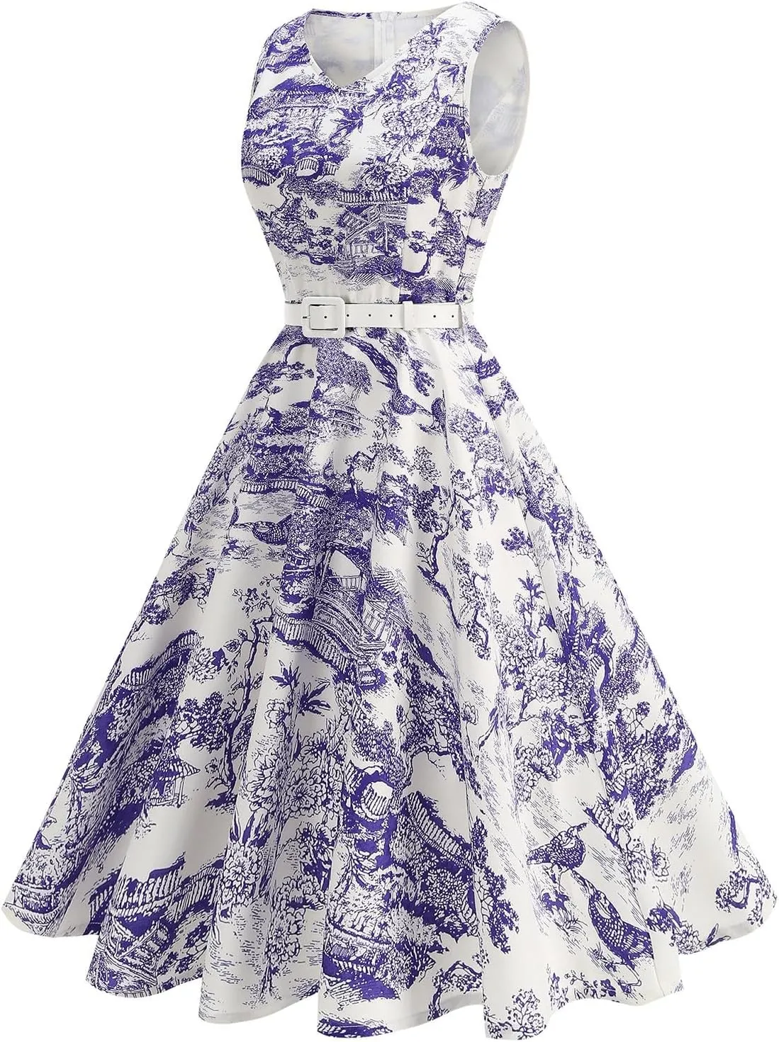 Women 1950s Vintage Rockabilly Cocktail Swing Dress Pinup 50s Retro Hepburn V Neck Sleeveless Print A-Line Belted Dress