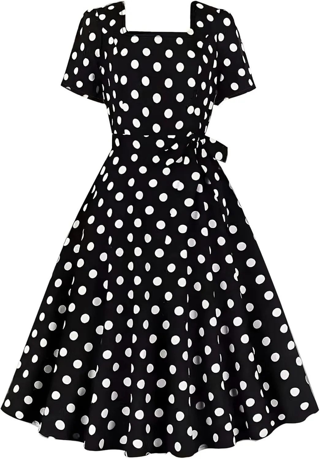 Women 50s Vintage Polka Dot Square Neck Cocktail Swing Dress 1950s Rockabilly Hepburn Prom Tea Party Dresses with Belt