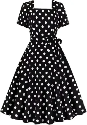 Women 50s Vintage Polka Dot Square Neck Cocktail Swing Dress 1950s Rockabilly Hepburn Prom Tea Party Dresses with Belt
