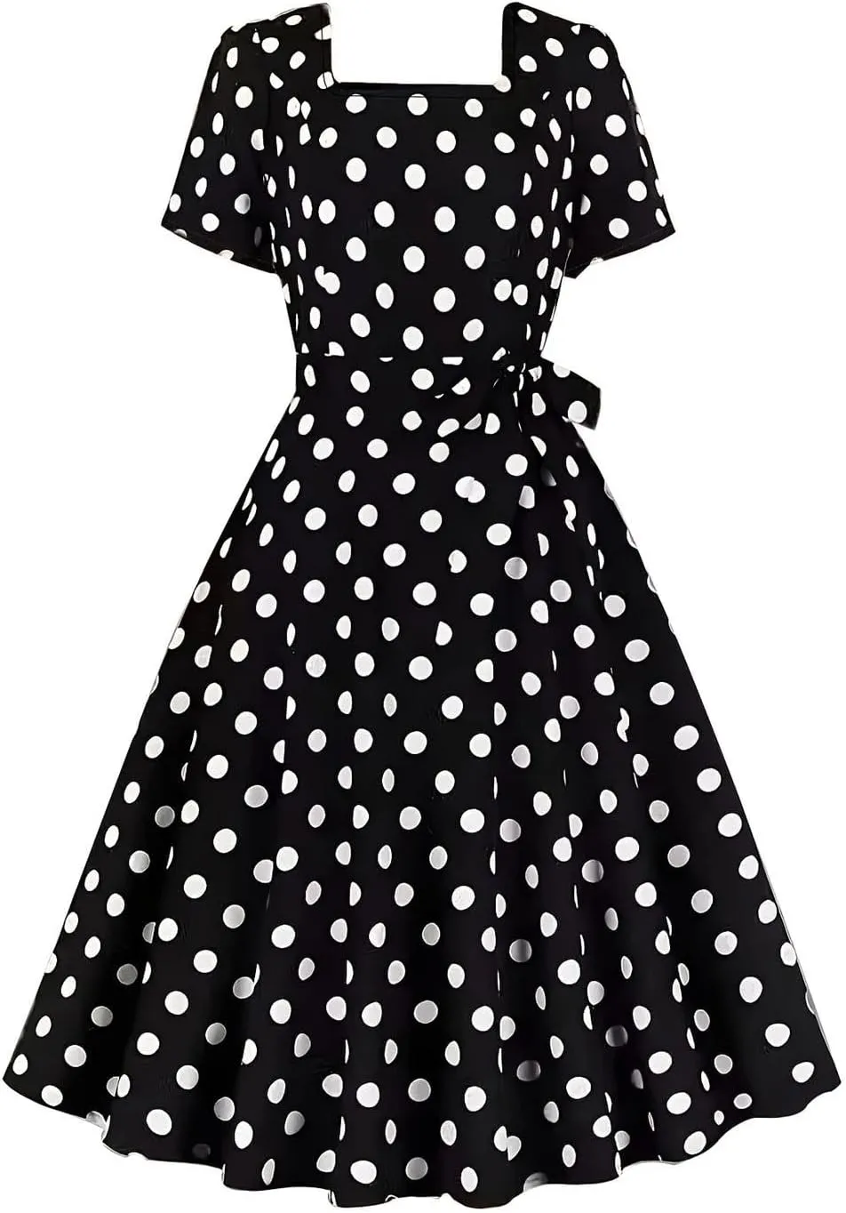 Women 50s Vintage Polka Dot Square Neck Cocktail Swing Dress 1950s Rockabilly Hepburn Prom Tea Party Dresses with Belt